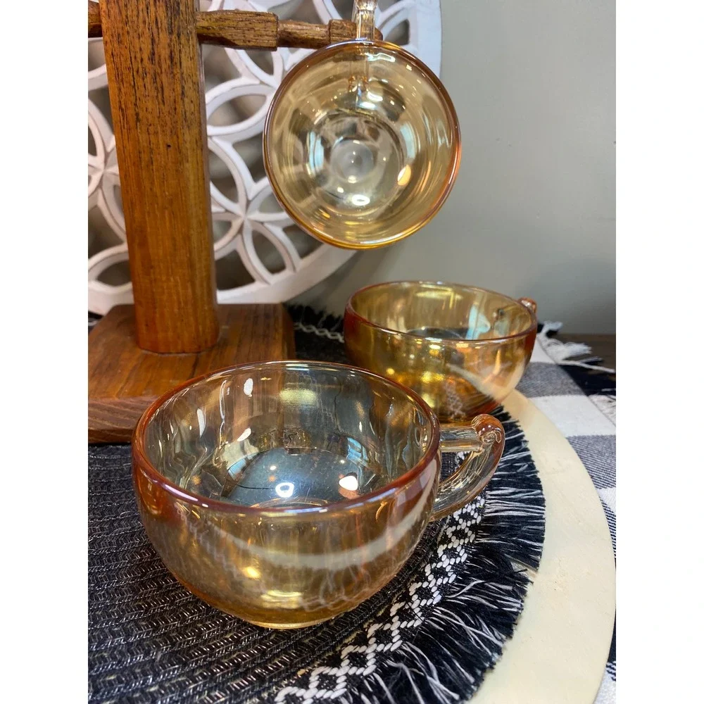 Vintage Fire-King Peach Lustre Tea‎ Cups Set of 6 Iridescent Copper Glass Mugs